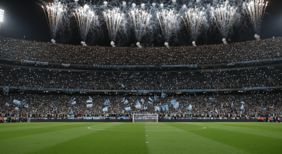 Estadio lleno de noche con fuegos artificiales celestes y blancos y un balón en el centro del campo