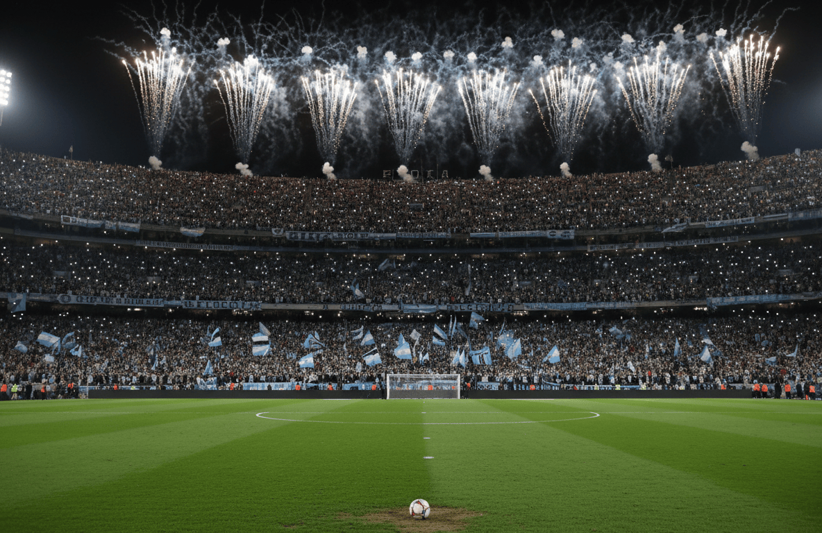Estadio lleno de noche con fuegos artificiales celestes y blancos y un balón en el centro del campo