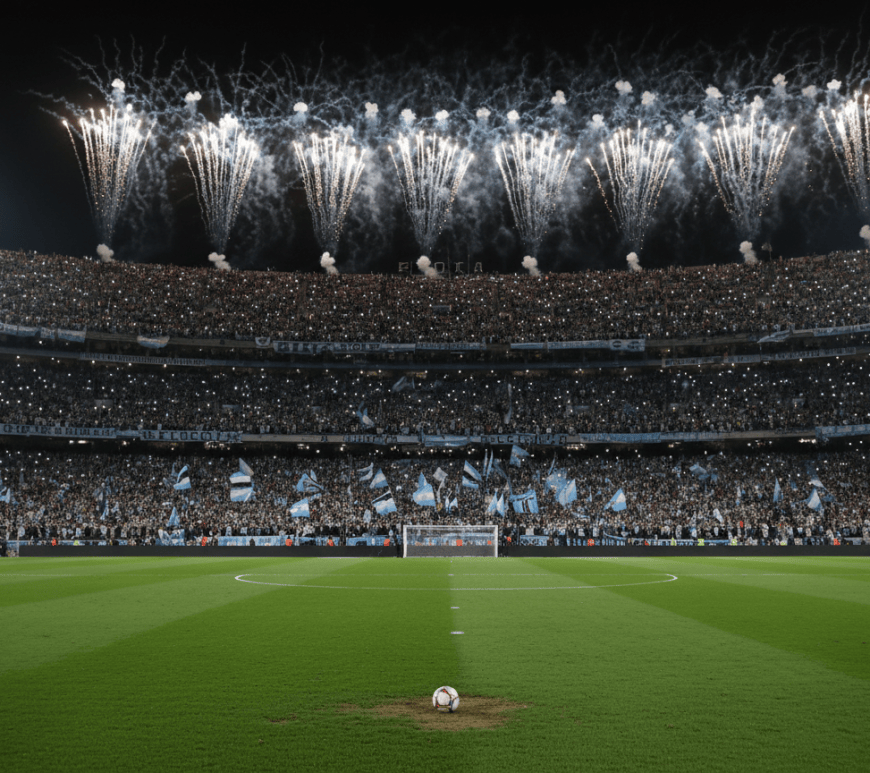 Estadio lleno de noche con fuegos artificiales celestes y blancos y un balón en el centro del campo