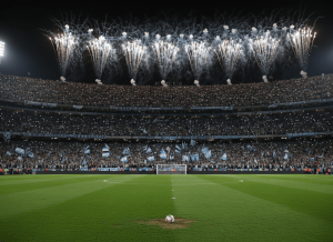 Estadio lleno de noche con fuegos artificiales celestes y blancos y un balón en el centro del campo