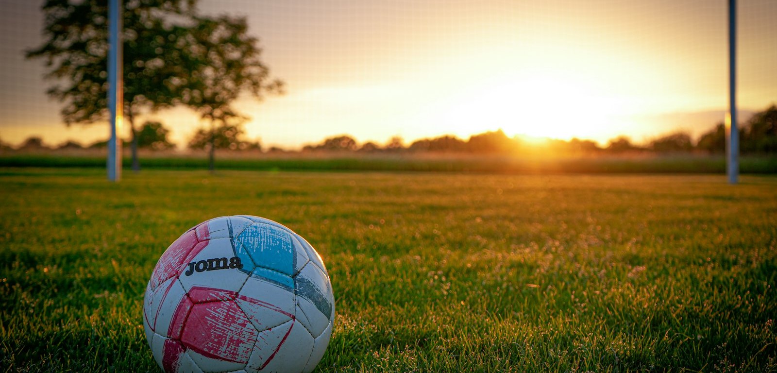 Balón de fútbol sobre el césped al atardecer