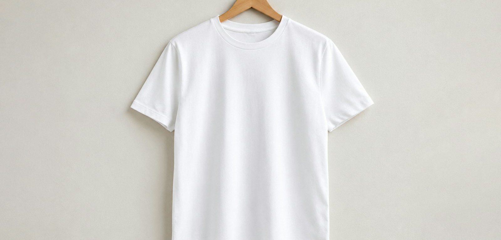 Camiseta blanca lisa colgada de una percha de madera