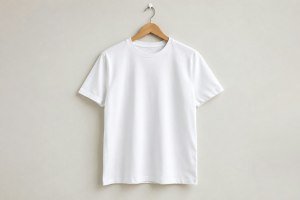Camiseta blanca lisa colgada de una percha de madera