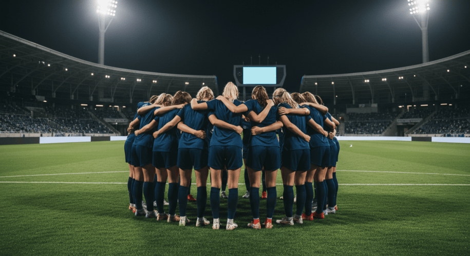 Jugadoras de fútbol abrazadas en ronda sobre el campo de noche