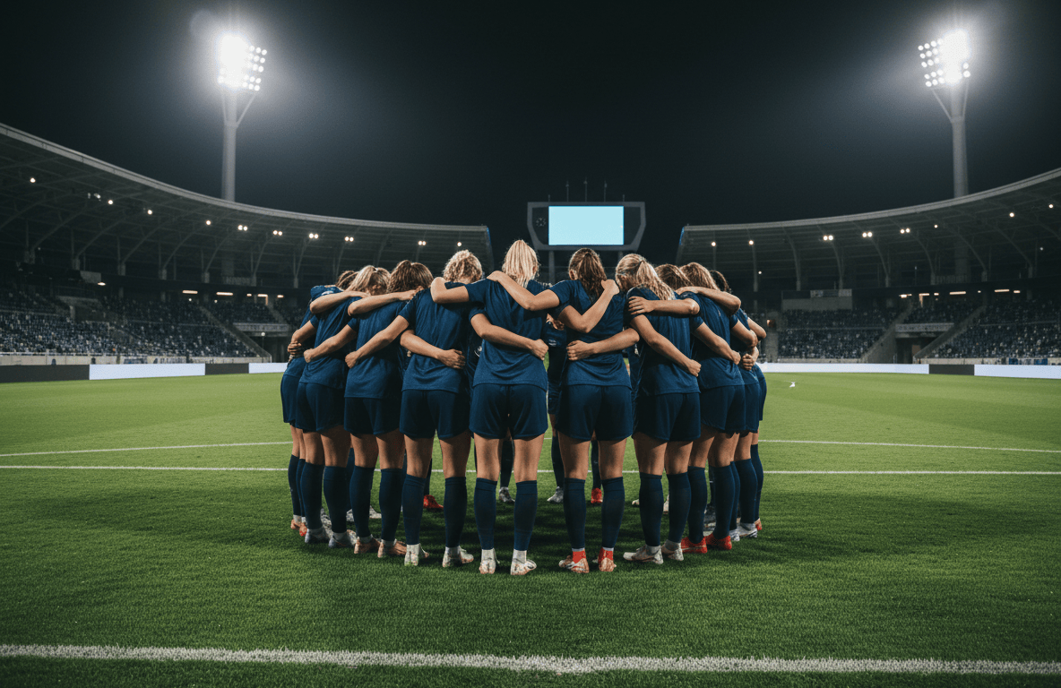 Jugadoras de fútbol abrazadas en ronda sobre el campo de noche