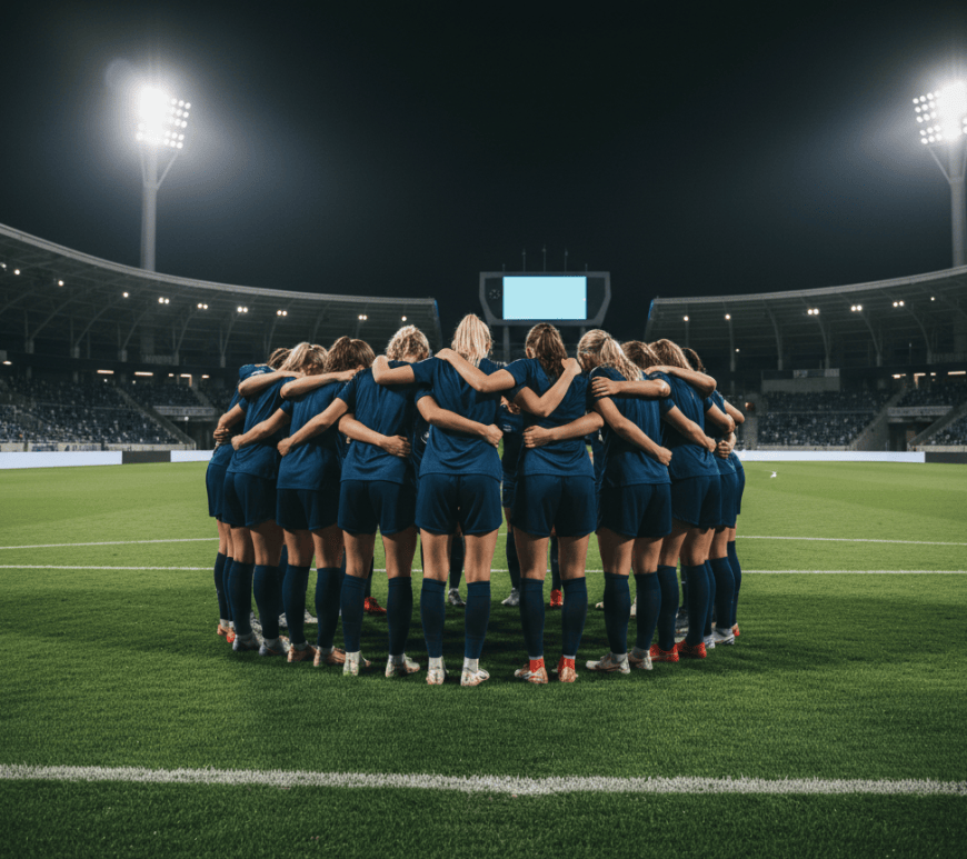 Jugadoras de fútbol abrazadas en ronda sobre el campo de noche