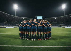 Jugadoras de fútbol abrazadas en ronda sobre el campo de noche