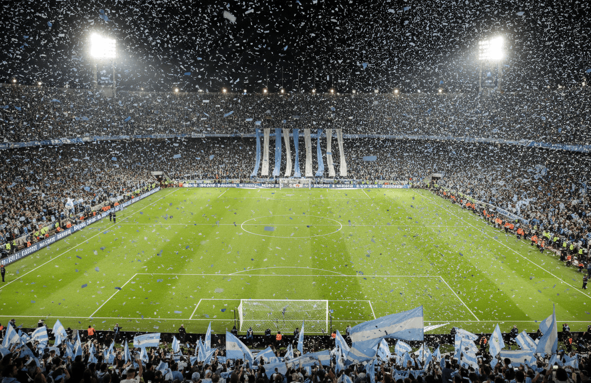 Estadio de fútbol lleno de noche con banderas celestes y blancas y papel picado