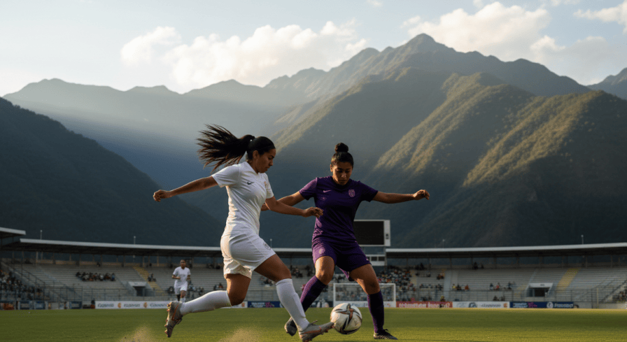 Partido de fútbol femenino en un estadio con montañas andinas al fondo