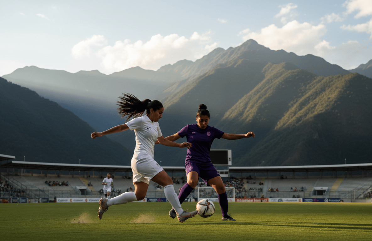 Partido de fútbol femenino en un estadio con montañas andinas al fondo