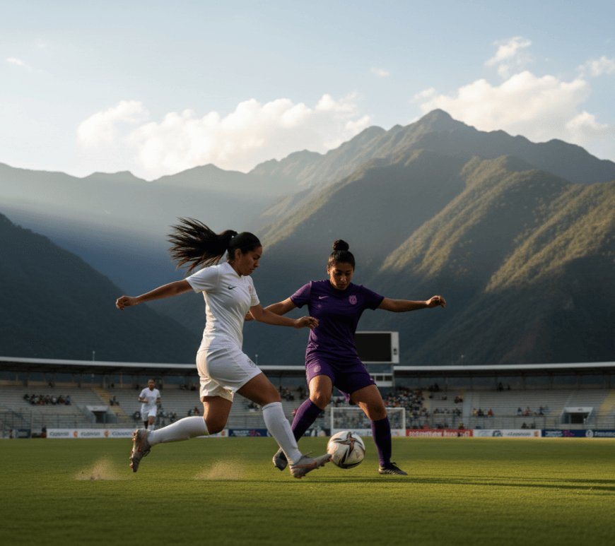 Partido de fútbol femenino en un estadio con montañas andinas al fondo