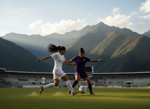 Partido de fútbol femenino en un estadio con montañas andinas al fondo