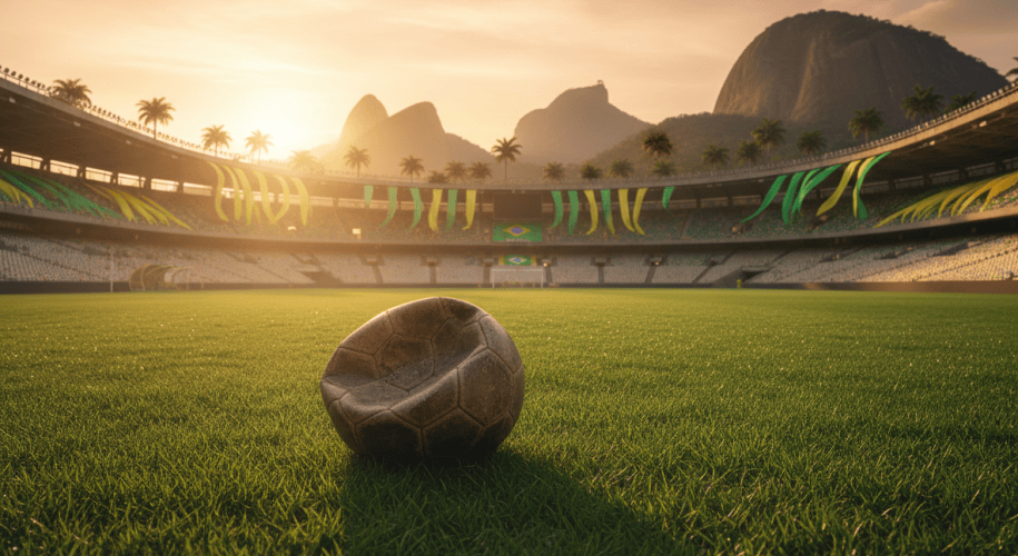 Balón de fútbol sobre el césped de un gran estadio brasileño al atardecer