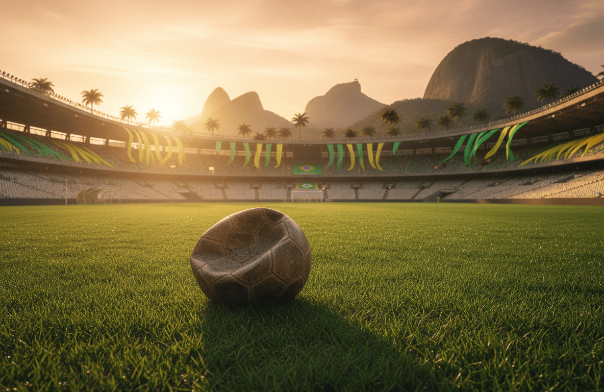 Balón de fútbol sobre el césped de un gran estadio brasileño al atardecer