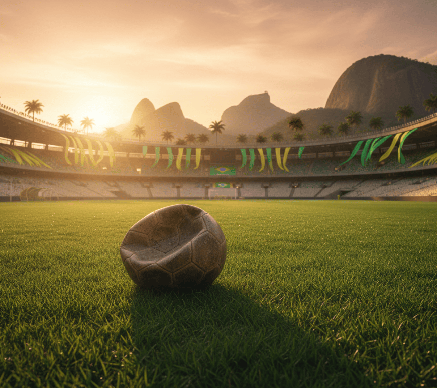 Balón de fútbol sobre el césped de un gran estadio brasileño al atardecer