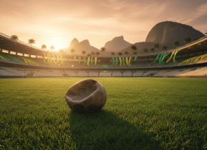 Balón de fútbol sobre el césped de un gran estadio brasileño al atardecer