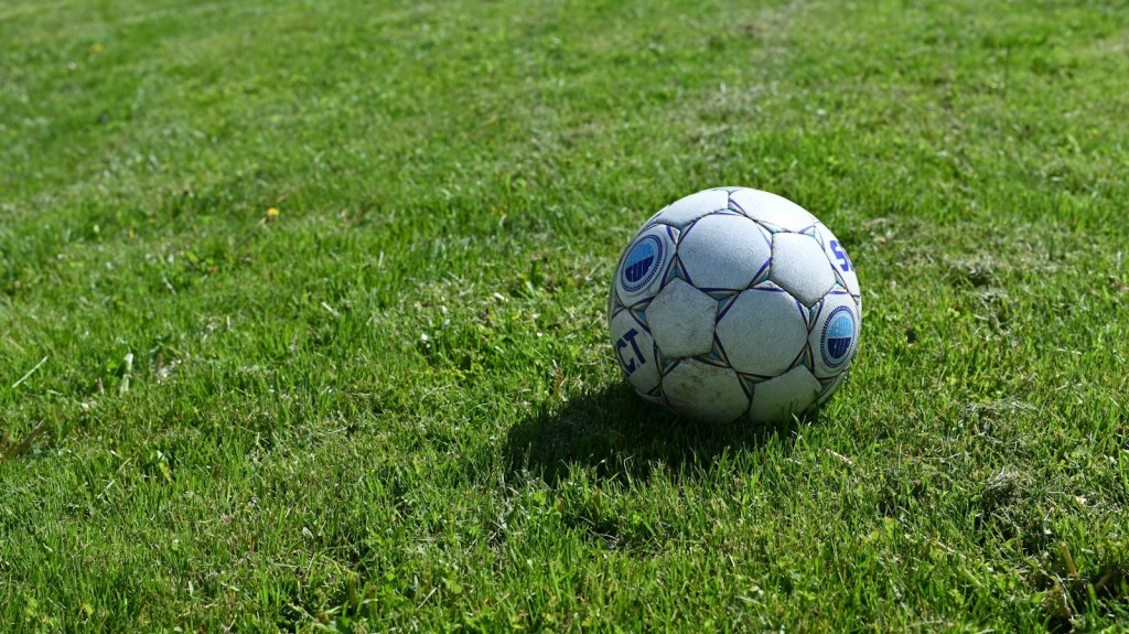 Pelota de fútbol blanca y negra sobre el césped de una cancha