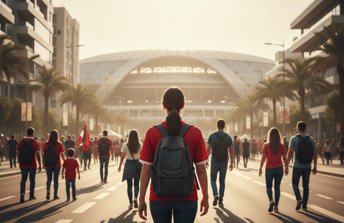 Hincha de fútbol caminando sola hacia un estadio en una ciudad