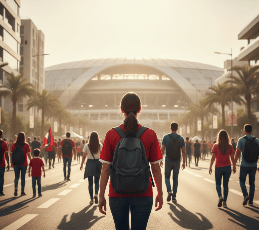 Hincha de fútbol caminando sola hacia un estadio en una ciudad