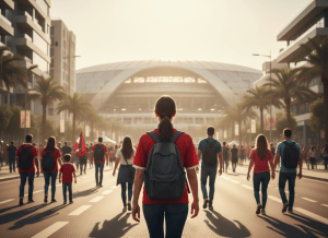 Hincha de fútbol caminando sola hacia un estadio en una ciudad